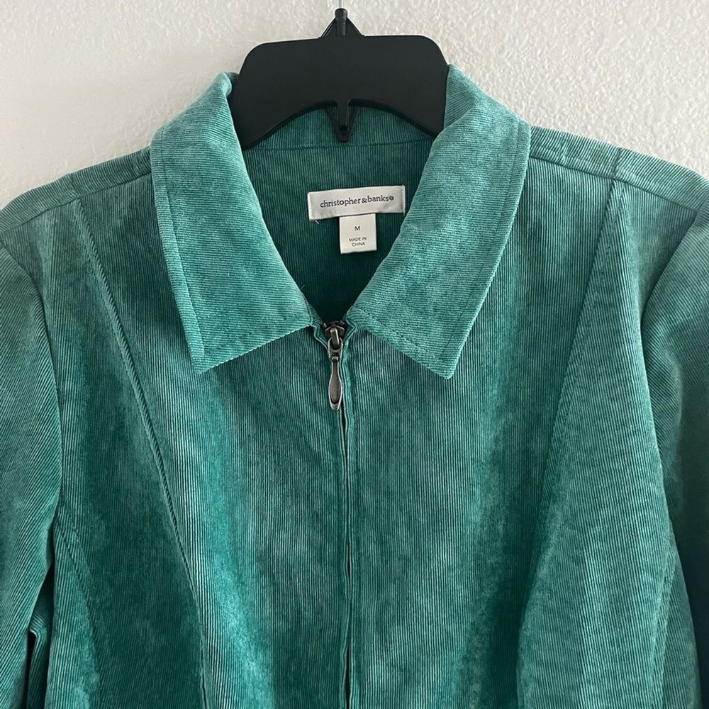 Christopher & Banks SZ Medium Green Teal Velvety Cord Jacket Fall Spring Cinched - Picture 3 of 16